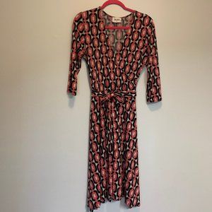 Leota Dress Faux Wrap Geometric 3/4 Sleeves Medium